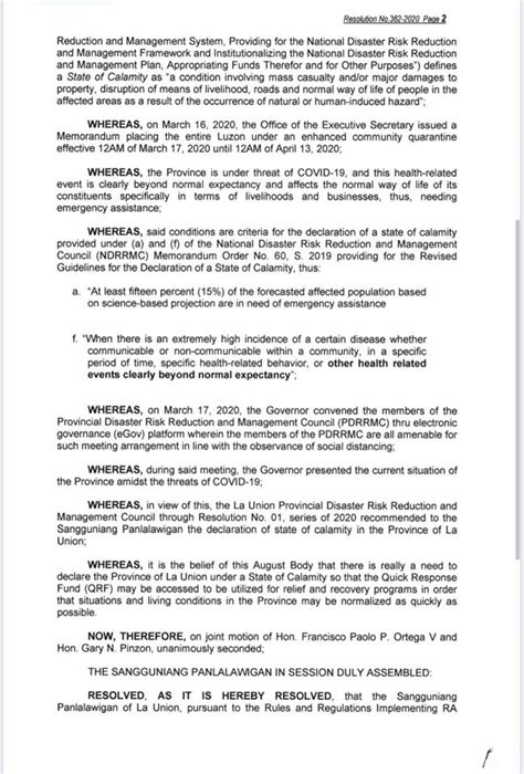 State of calamity declared in La Union province .